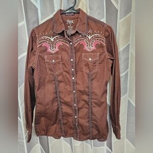 Brown Western Shirt with Pink Embroidery
